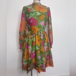 VTG 60s 70s Psychedelic Floral Mock Neck Dress S Talon Zipper